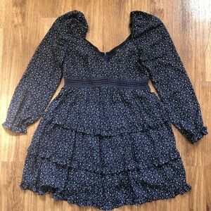 NWT Lulu’s Blue White Floral Print Long Sleeve Ruffled Tiered Mini Dress, Large